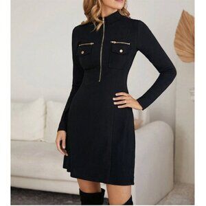 Zip Front Flap Pocket Knit Dress Black